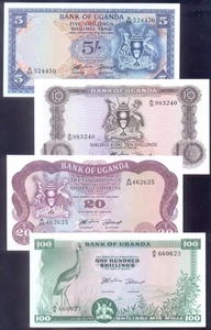 Uganda 5, 10, 20, 100 Shillings  ND(1966)  P1,2,3,5  Unc - Picture 1 of 2