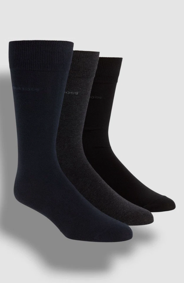 Hugo Boss Men's Black Blue 3-Pair Pack Crew Dress Logo Socks Size Shoe 7-13 - Image 1 of 1