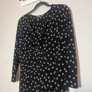 Vestido Lauren Ralph Lauren Cintura Imperio Cuello en V Talla 12 Negro Blanco Geo Estampado Midi - Imagen 1 de 11
