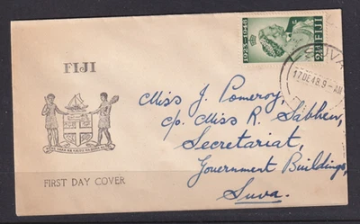 FIJI 1948 KGVI ПЕРВЫЙ ДЕНЬ ОБЛОЖКА СЕРЕБРЯНЫЙ СВАДЕБНЫЙ ВЫПУСК С CACHET CDS SUVA #C1746 - Изображение 1 из 2