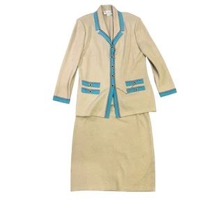 VTG ST. John Collection Marie Gray USA Sz 12 1990s Skirt Suit Tan/Blue Old Money - Picture 1 of 14