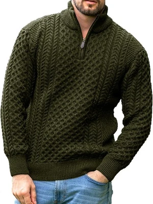 Suéter Pullover Pescador Irlandés Tejido con Cable Media Cremallera Diseño Jacquard Cálido para Hombres Foto 1 de 4