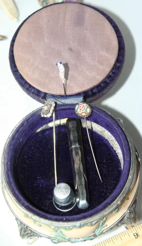 ANTIQUE c1820~~ GEORGIAN ENAMEL ETUI & PIN CUSHION~NEEDLE CASE,& HAT PINS Cover