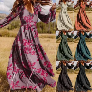 Women V Neck Full Sleeve Floral Long Maxi Dress Pleated Swing Party Dresses Plus - Picture 1 of 25