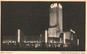 Vintage Postcard 1920's General Motors Building At Night Century Progress ILL - Picture 1 of 2