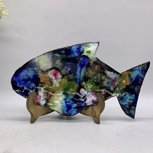 Vintage 60s Enamel on Copper Fish Shaped Trinket Dish Blue 7” - Picture 1 of 5