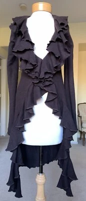 NUEVO CON ETIQUETAS 100% Cachemira Marrón Largo Abierto Volantes Suéter Abrigo Aqua Talla XS $325 Foto 1 de 4