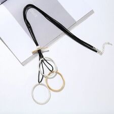 80cm Vintage Geometric Circle Pendant Necklace Black Leather Chain Rope Jewelry