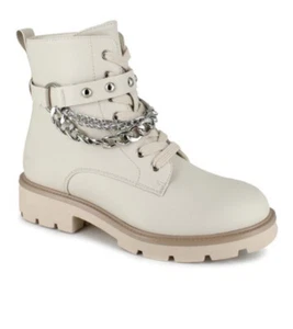 Women XOXO Priscie Ankle Boots Size 8.5 Casual Off-White Chain-Accent Combat - Picture 1 of 12