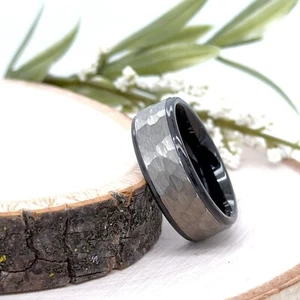 8mm Black Tungsten Engagement Band gunmetal Grey Hammered Band Masculine Ring - Picture 1 of 4