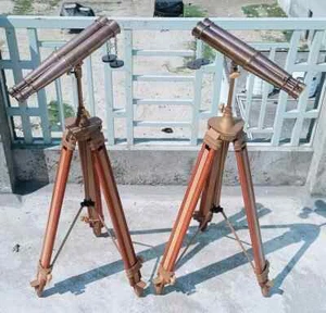 Nautical brass 18" binocular leather antique telescope with floor tripod stand - Picture 1 of 18