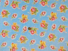 Vintage FEEDSACK ERA Cotton Fabric ~ 1940s Sweet Pink Yellow Roses on Blue 1 Yd 