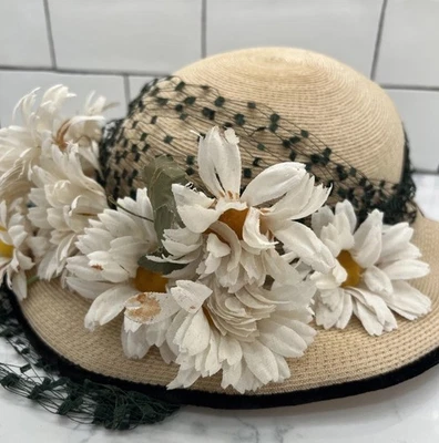 Vintage Custom Kaulmann 5th Avenue Brim Sun Hat Tan And Black Lace with flowers - Image 1 of 4