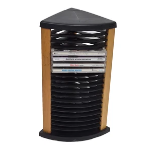 Vintage 20 CD Tower Rack Holder Organizer Black Plastic & Wood 12" - Picture 1 of 10