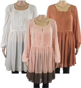 Chiffon Tunic Dress New Famous Brand Womens Pleated Front & Keyhole Floaty Top - Picture 1 of 9