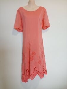 Goondiwindi Cotton Size 16 Dress Silk Peach Lace Embroidered Midi Short Sleeve