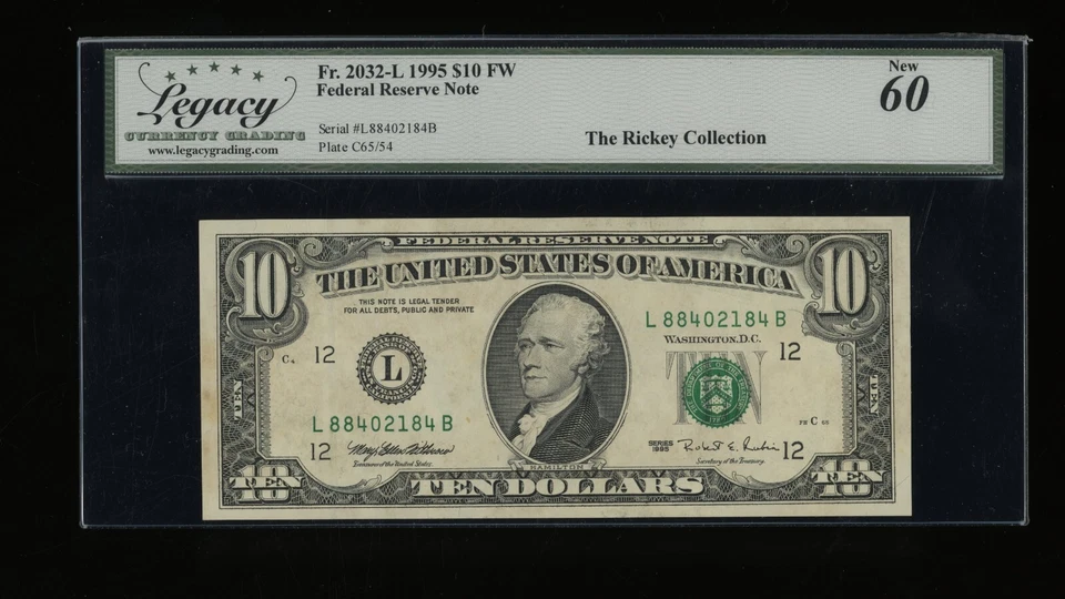 DBR 1995 $10 San Francisco Fr. 2032-L Legacy New-60 Serial L88402184B - Image 1 of 2
