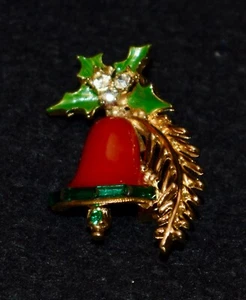 Gold Tone Christmas Bell Holly Berry Red Green Clear Faux Diamonds Brooch Pin - Picture 1 of 4