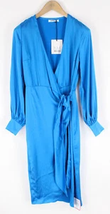 GLAMOROUS Women Dress UK8 Blue Satin Long Sleeve V-Neck Wrap Asymmetrical Style - Picture 1 of 11