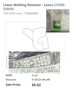 Genuine 97-05 Lexus Models Clip No-2 Outside Molding 1 Pc. 75396-33050 Ships Fst - Bild 1 von 13