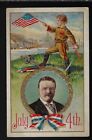1910 magnifique carte postale en relief patriotique Theodore Roosevelt 4 juillet