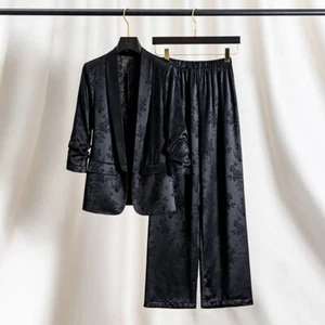 Chinese Style Satin Suit Set Women Luxury Silk Coat Spring Long Wide Leg Pants - Picture 1 of 27