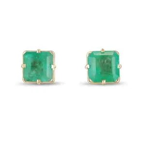 3.99tcw Asscher Cut Natural Colombian Emerald Compass Prongs Stud Earrings 14K - Picture 1 of 10