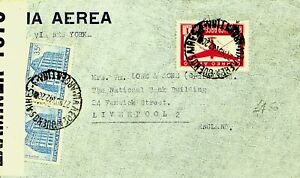 SEPHIL ARGENTINA 1943 WWII 3v OPENED BY EXAMINER 1870 AIRMAIL COVER VIA NY TO GB