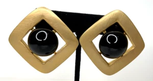 Vintage Gold Tone and Black Lucite Clip on Earrings 1.5" 80's Style Retro - Picture 1 of 4