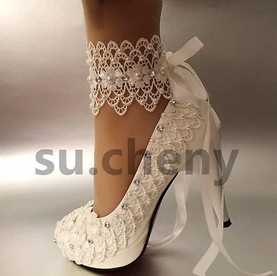 su.cheny 3"4 " heel white ivory lace ribbon pearls Wedding shoes bride size 5-11 - Image 1 of 4