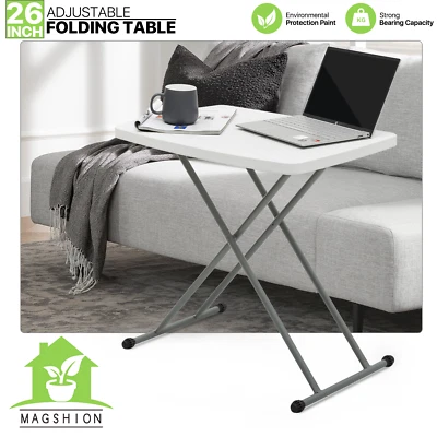 White Folding TV Tray  Adjustable Height PortableSofa Bed Side Table Dinner Desk - Image 1 of 4
