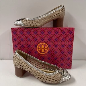 Tory Burch CHELSEA Light Taupe/Silver Woven Leather Pump Heels 10.5M Worn Once - Picture 1 of 13