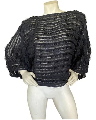 80s black ribbon lace blouse shoulders pads Amazing Semi Sheer Dolman Puff Slv M - Image 1 of 4