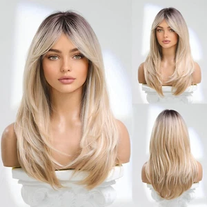 Peluca Best Crafts 24 pulgadas de largo ombre marrón rubia flequillo recto premium sintética - Imagen 1 de 16