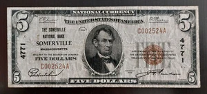 1929 $5 SOMERVILLE MA Ch #4771 Rare National Bank Note MASSACHUSETTS Currency - Picture 1 of 2