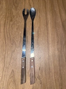 Vintage Stainless Salad Fork & Spoon Japan Wood Handle MCM - Picture 1 of 6