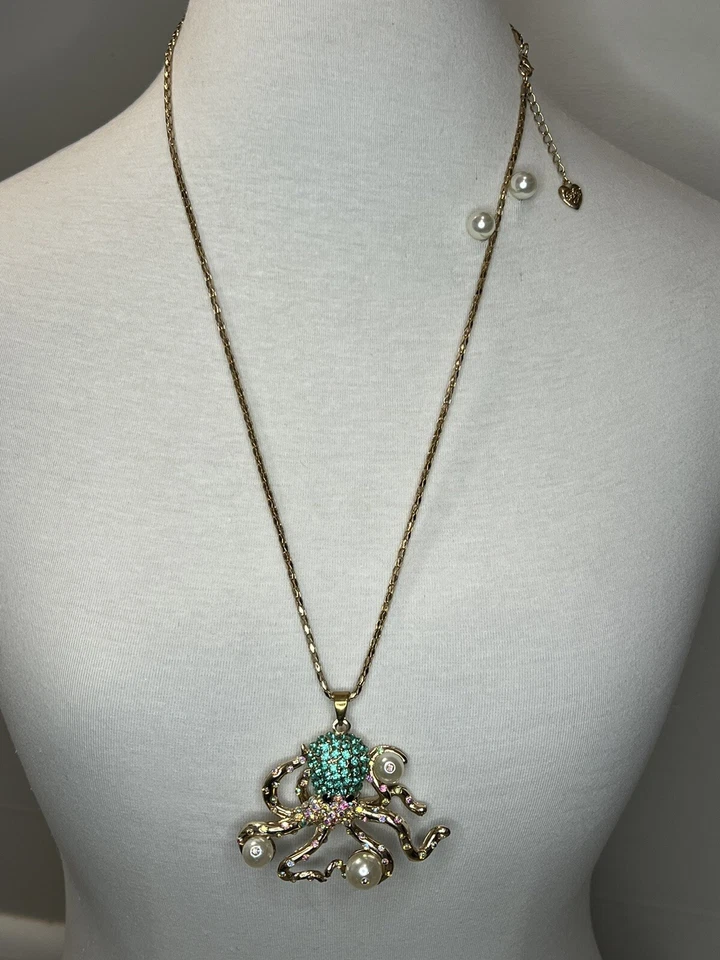 Betsey Johnson Large Octopus Statement Necklace Aqua & Earrings Faux Pearls - Image 1 of 4