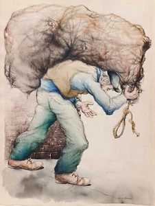 LISTED AMERICAN SEYMOUR ROSENTHAL Sd ORIGINAL WATERCOLOR MAN with BURLAP SACK - Picture 1 of 10