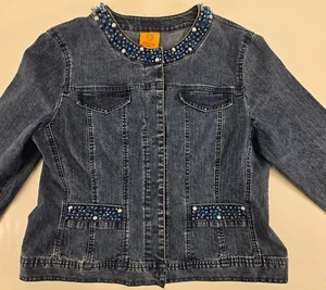 Ruby Rd Wms 12 Blue Denim Blazer Jacket Fitted Kragenlos Perlenverziert - Bild 1 von 17