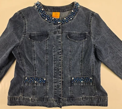 Ruby Rd Wms 12 Blue Denim Blazer Jacket  Fitted Collarless Bead Embellished - Image 1 of 4