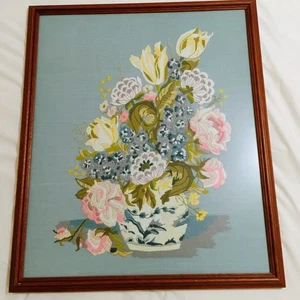 Vintage Large Crewel Embroidery Art Floral Framed Flower Bouquet 26x22 - Picture 1 of 8