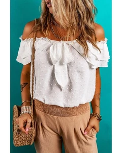 Everyday the Label Off Shoulder Ruffle Knotted Detail Swiss Dot Blouse Women - Bild 1 von 37