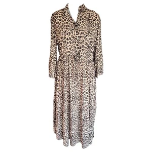 Made in Italy Leopard Print Midi Dress UK 12 Tiered Smock Button 3/4 Sleeve - Picture 1 of 6