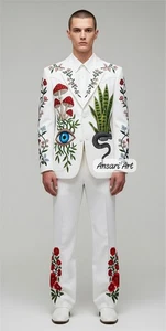 Men White Embroidered Western Suit Nudie Style Butterfly Snake Rose Wedding Prom - Picture 1 of 7