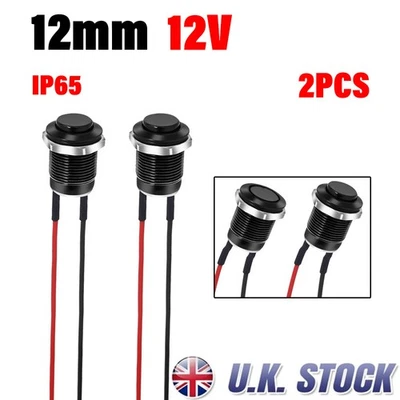 2PC IP65 Black High Round Waterproof 16mm Momentary Metal Push Button Switch 12V - Image 1 of 4