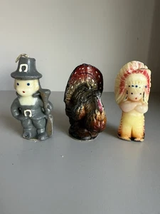 3 Vintage Gurley Erntedankkerzen Junge Pilger Indianer und Türkei ca. 3 Zoll - Bild 1 von 6