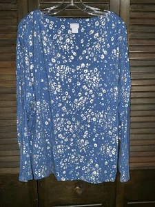 Chico’s Top Shirt Size 3 XL Blue Gold Print Long Sleeve Stretch NEW - Picture 1 of 4