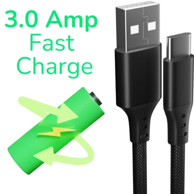 USB A to Type C Cable 3A Fast Charger Braided 1M 2M for Android Samsung Lead - Image 1 of 4