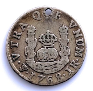Spain-Carlos III 1 Real "columnario" 1768 JR. Potosí. Plata 3,2 g. Perforación - Imagen 1 de 3