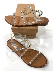 Steve Madden Travel Clear Rhinestone Leather Embellished Flat Sandal Size 9.5 - Picture 1 of 8